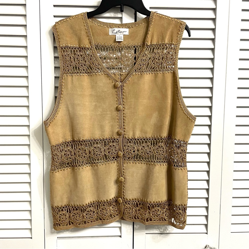 Vintage Fred Thomas Suede Leather Crocheted Vest Tan Boho Festival Sz L